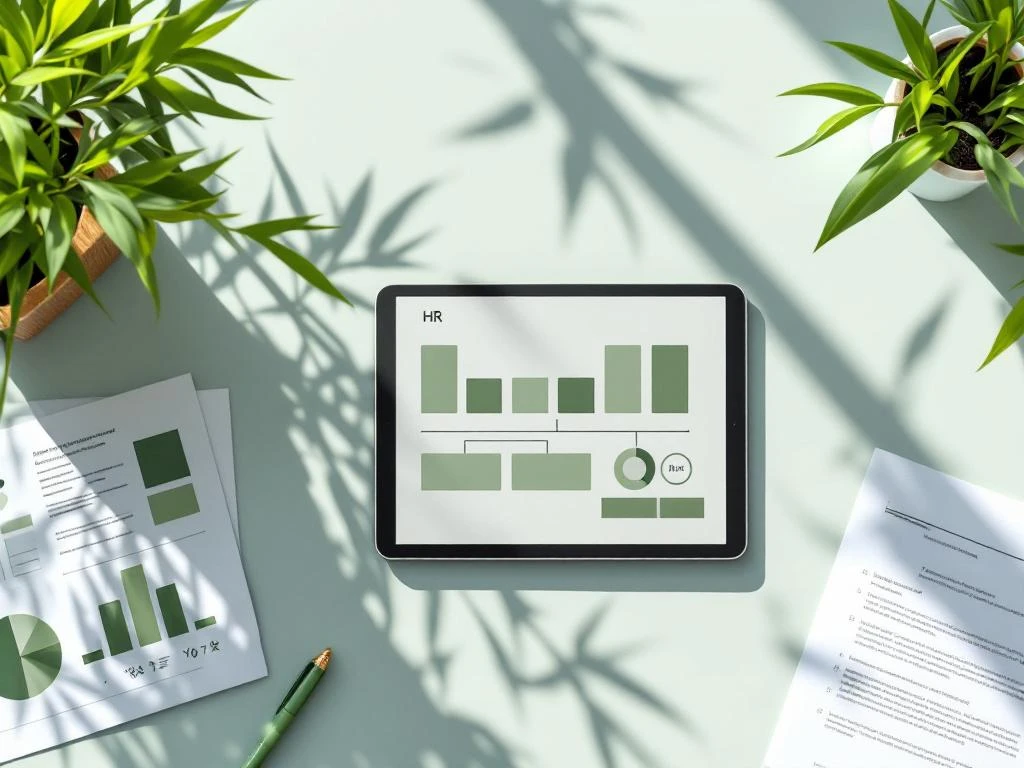 Moderne kantoorbureau met tablet met groene organisatieschema's, bamboe planten en duurzame HR-elementen in symmetrische opstelling