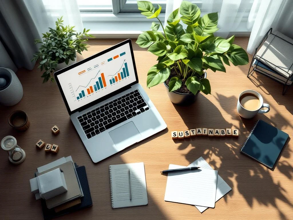 Moderne bureauopstelling met laptop met groeigrafiek, groene plant, houten blokken "SUSTAINABLE" en koffiekop