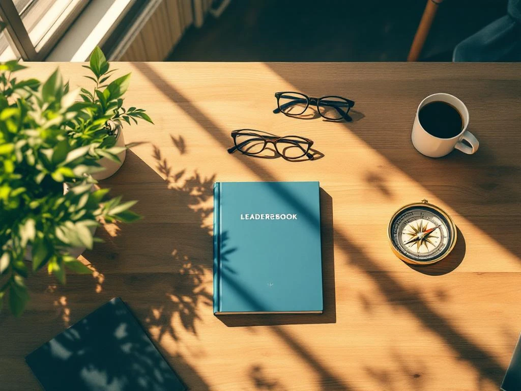 Kompas op houten conferentietafel wijst naar duurzaamheidspictogrammen, met leiderschapshandboek en plant in modern kantoor
