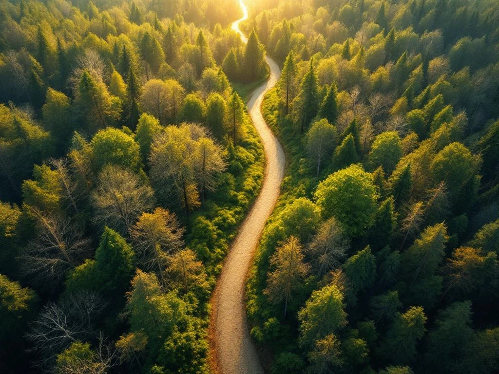 Luchtfoto van bospad dat transformeert van verdorde naar weelderige groene bomen, symboliseert duurzame verandering
