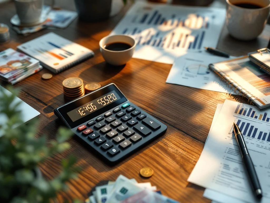 Moderne kantoorbureau met calculator, Euro bankbiljetten, financiële documenten en laptop met spreadsheet data