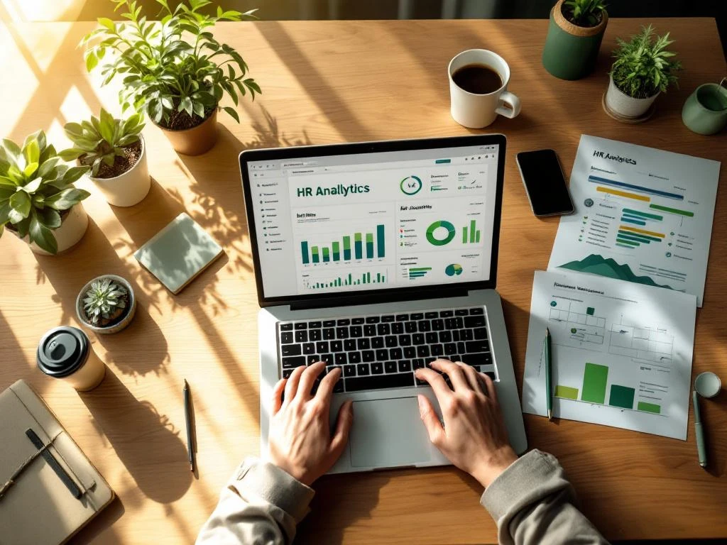Laptop met HR analytics dashboards op houten bureau met plant, koffiekop en duurzame kantoorbenodigdheden