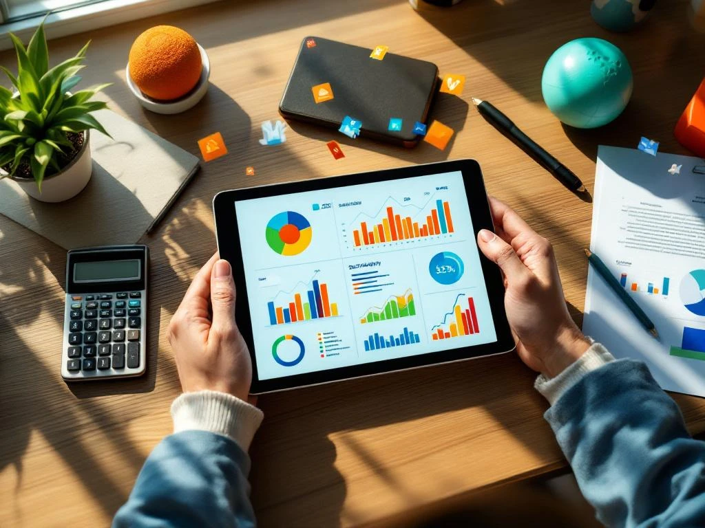 Digitale tablet met duurzaamheidsgrafieken op modern bureau met calculator, plant en wellness-pictogrammen
