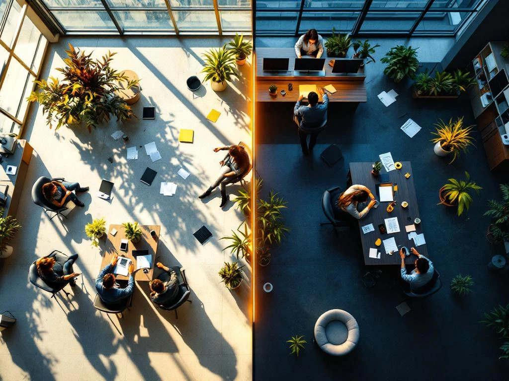 Moderne kantooromgeving toont contrast tussen lege bureaus met ziekteverlof papieren en levendig samenwerkend team