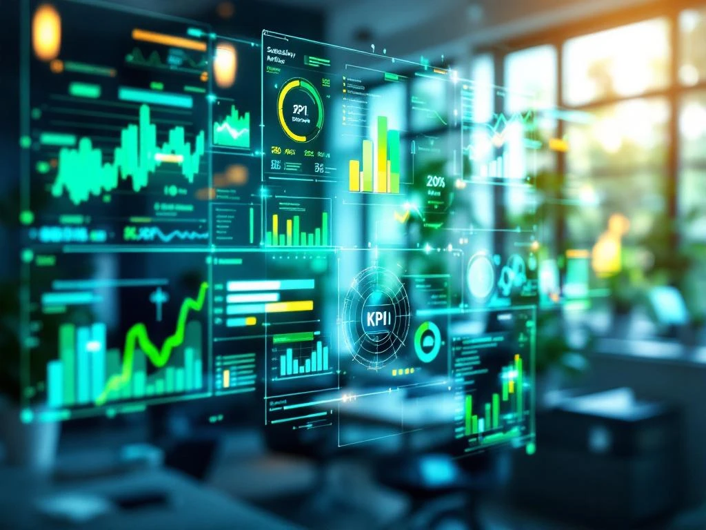 Digitaal dashboard met kleurrijke KPI-grafieken en duurzaamheidsindicatoren op transparante schermen in moderne werkruimte