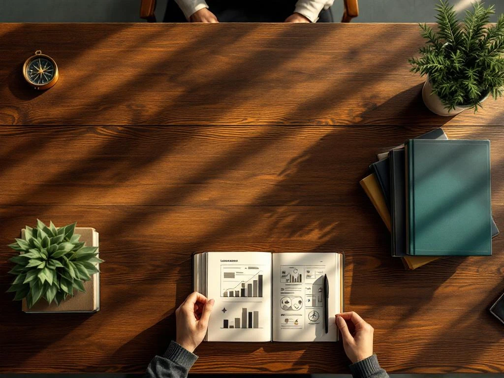 Houten conferentietafel met leiderschapsmaterialen: notitieboeken, kompas, boeken en plant voor professionele ontwikkeling