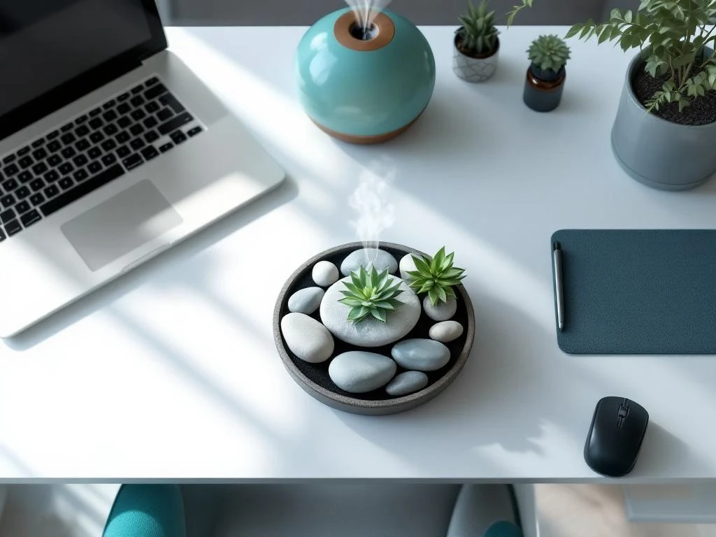 Moderne werkplek met zen-tuin, laptop en aromadiffuser op wit bureau, bovenaanzicht met natuurlijk licht