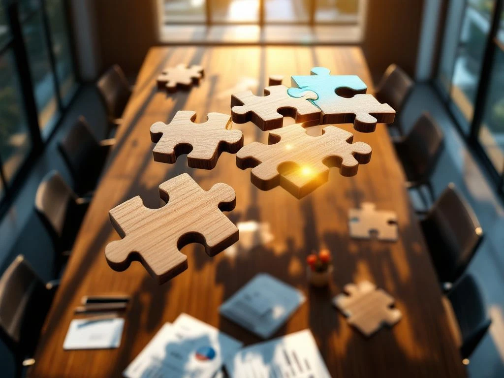Houten puzzelstukjes zweven boven bestuurstafel, sommige verlicht, symboliseren organisatieverandering en strategische planning