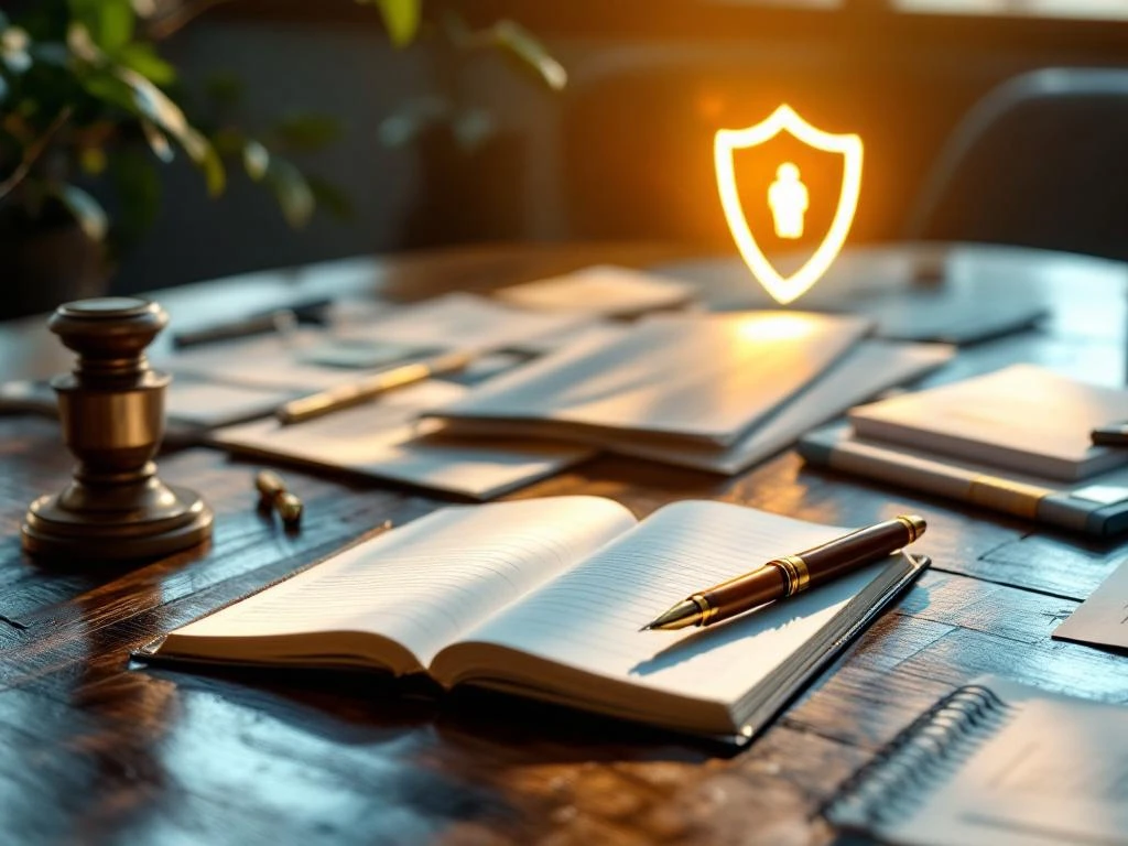 Open leren notitieboek op houten bureau met vulpen, kleurrijke cursuscertificaten en onderwijsmaterialen eromheen