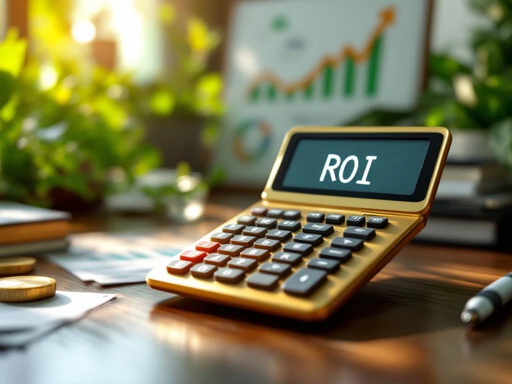 Gouden rekenmachine met "ROI" op scherm op houten bureau naast groene planten en grafieken met opwaartse trend