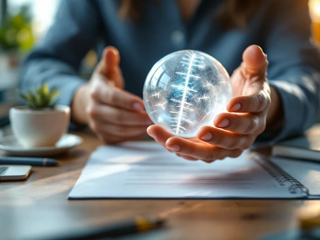 Professionele manager houdt transparante stressbal boven houten bureau met plant en thee op achtergrond