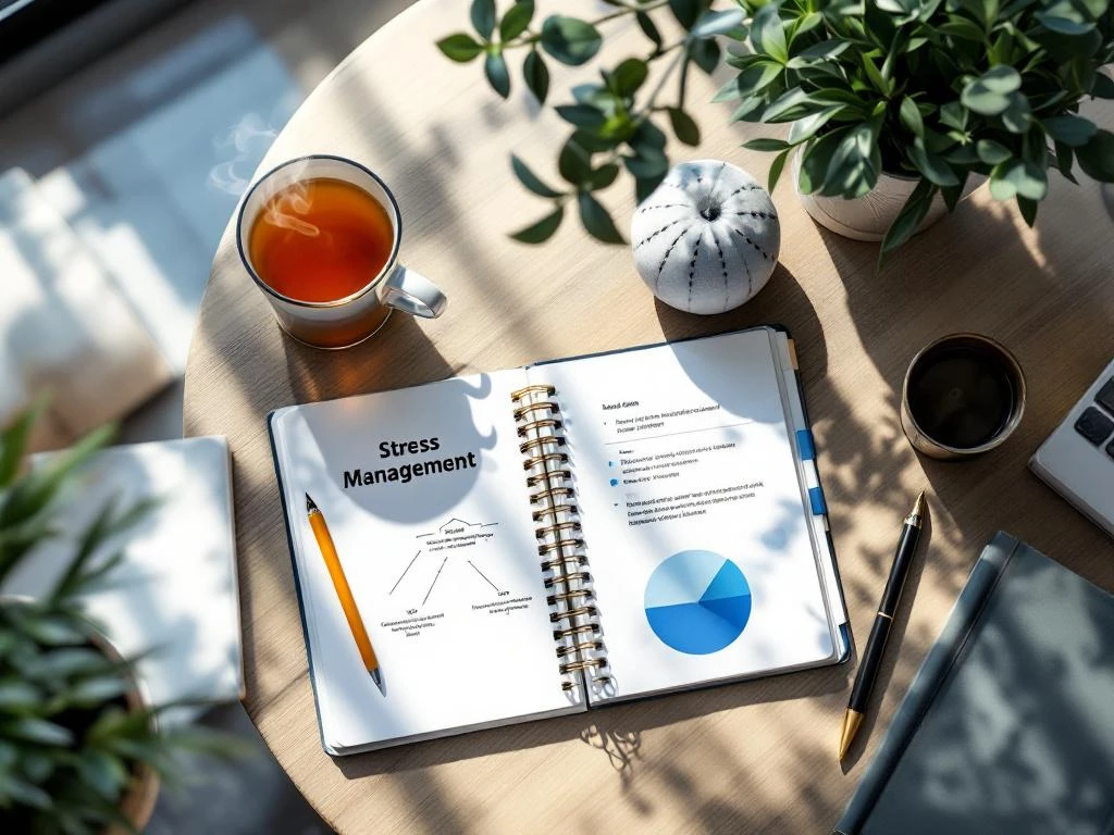 Bovenaanzicht van werkplek met open notitieboek vol stressmanagement diagrammen, kruidenthee en wellness items op houten bureau