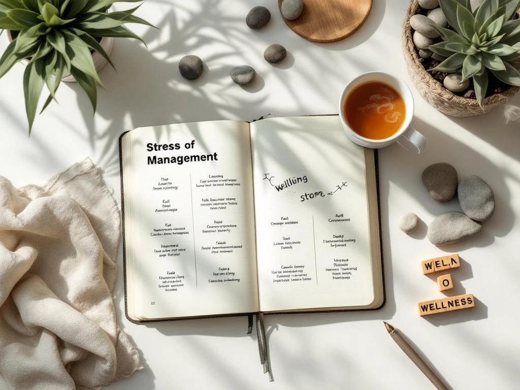 Open notitieboek met stressmanagement diagrammen op bureau met kruidenthee, plantje en wellness houten blokken