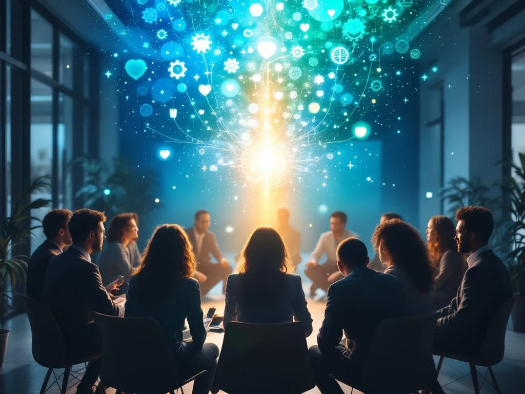 Diverse professionals in cirkel tijdens teamtraining met gouden licht dat stress omzet in kalmerende kleuren
