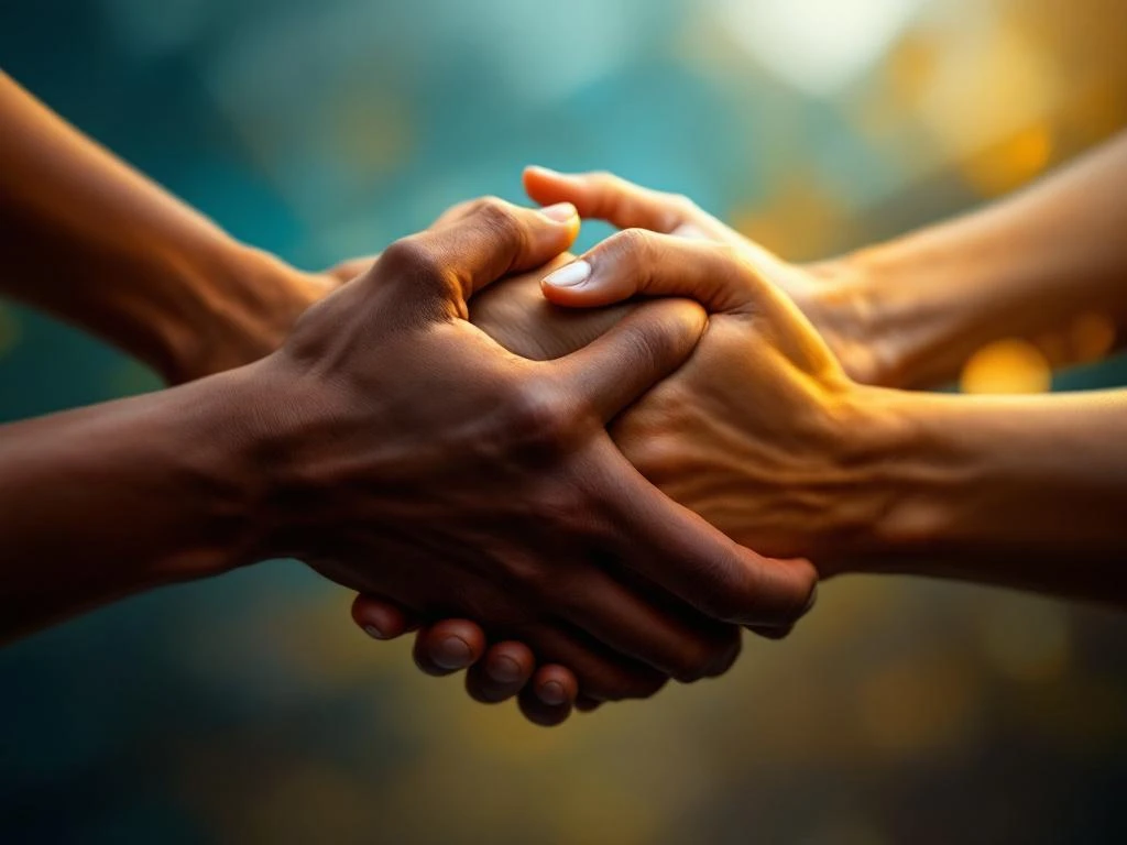 Diverse handen vormen een cirkel die teamwork en eenheid symboliseert, met warme belichting en abstracte vormen op achtergrond