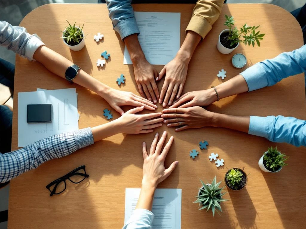 Diverse handen komen samen boven conferentietafel met stressvermindering items en groene planten in warme verlichting