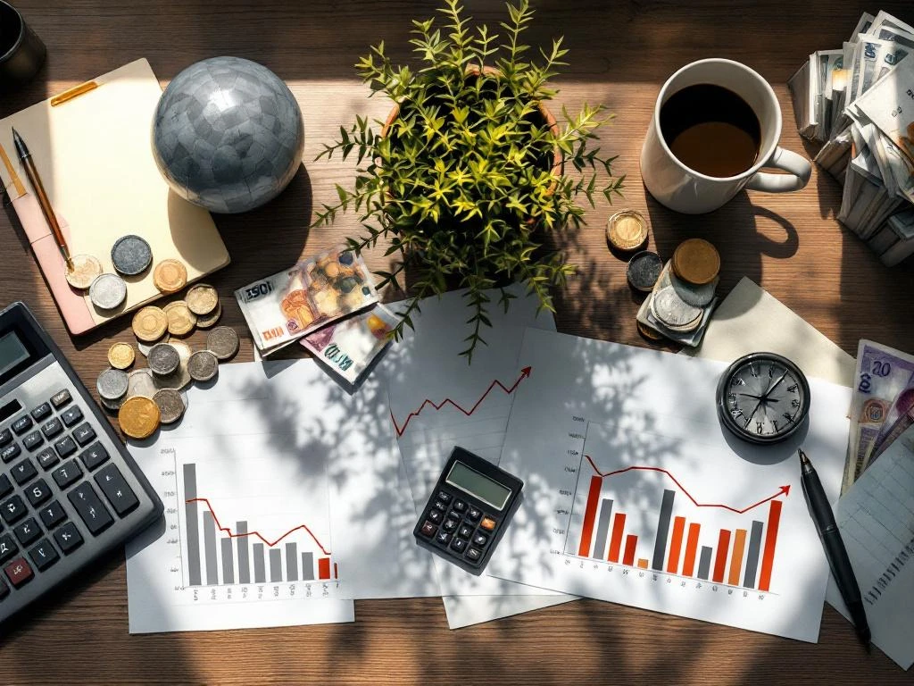 Kantoorbureau met financiële documenten, dalende grafieken, euro's en verwelkte plant die werkstress symboliseert