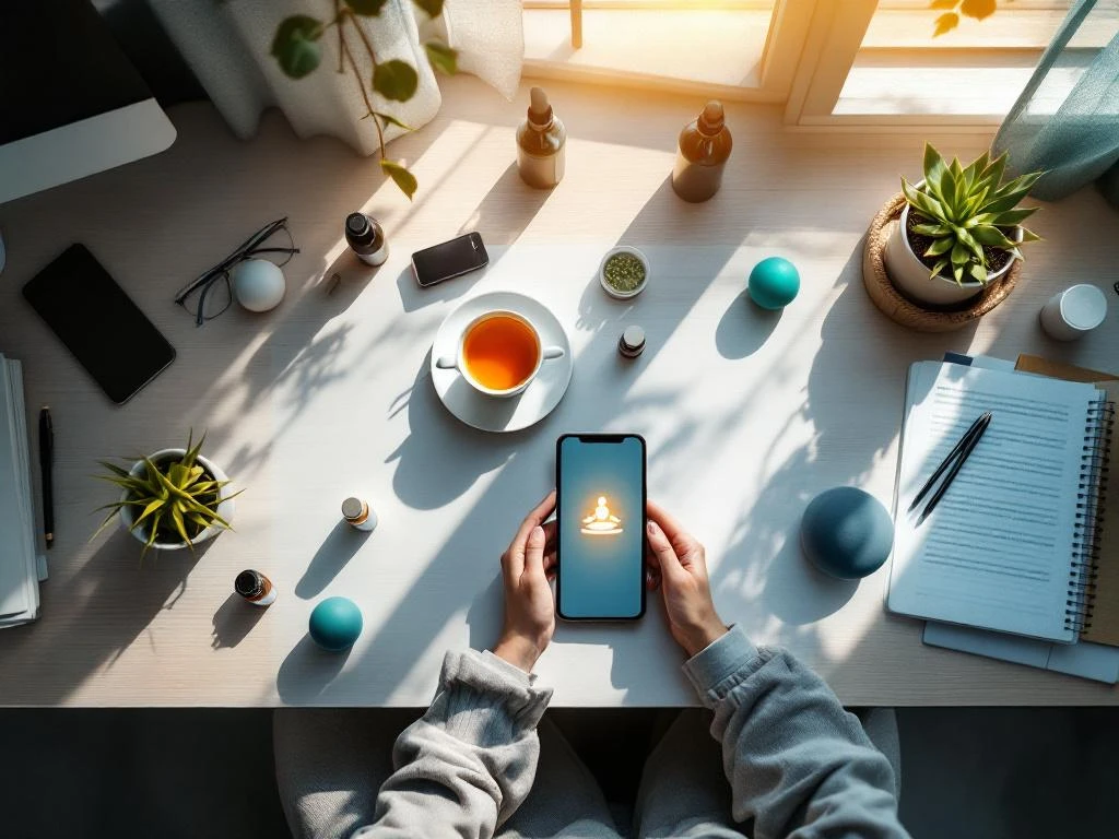 Moderne werkplek met stresspreventie-elementen: succulent, kruidenthee, meditatie-app en wellness items in kalme kleuren
