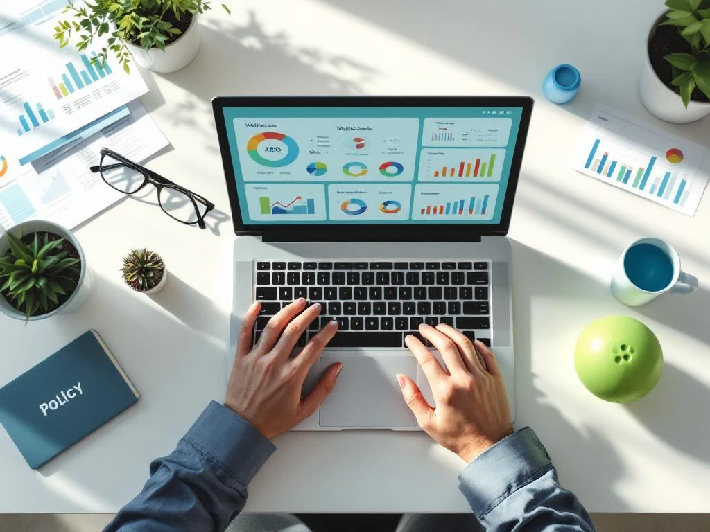 Laptop met wellness dashboard grafieken op bureau met plant, stressbal en ergonomische accessoires in modern kantoor