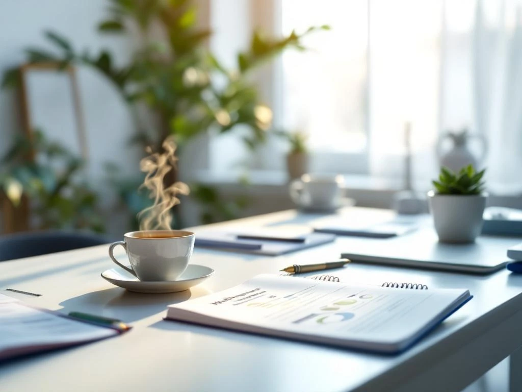 Bureau met open notitieboek vol wellness-diagrammen, dampende kruidenthee en vetplant bij raam met natuurlijk licht