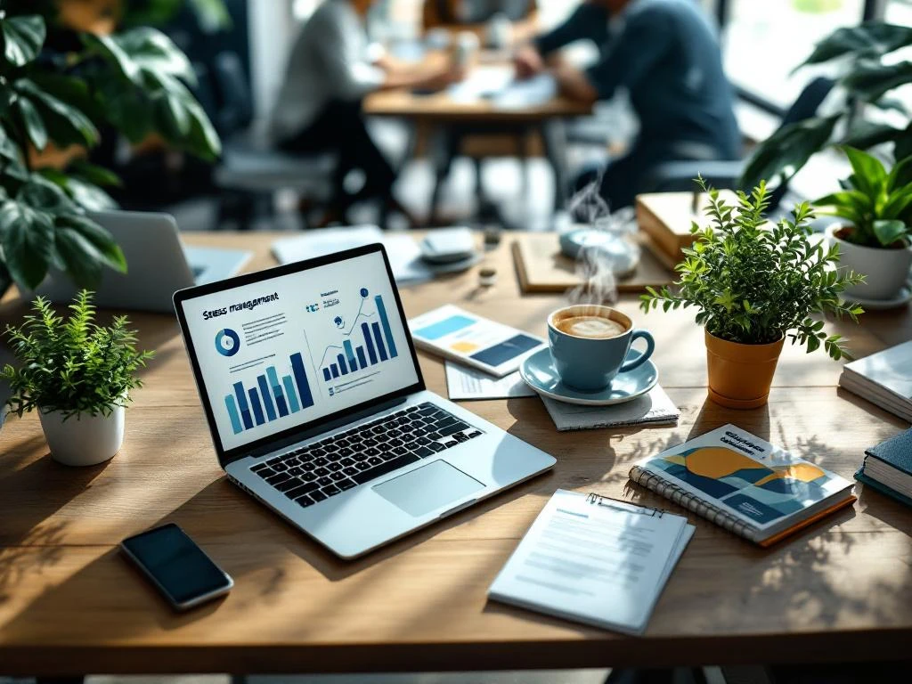 Moderne kantoorwerkplek met laptop met stressmanagement grafieken, koffie en wellness brochures, wellness training op achtergrond