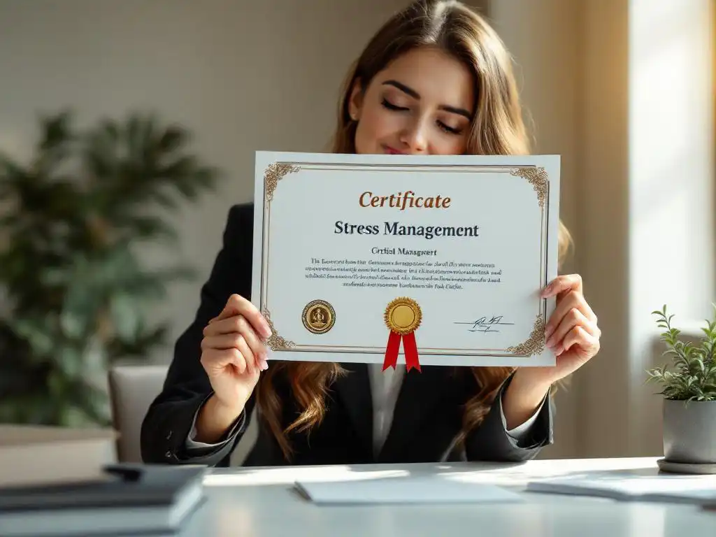 Professionele vrouw in pak houdt certificaat vast aan bureau met stressmanagement boeken en plant, natuurlijk licht