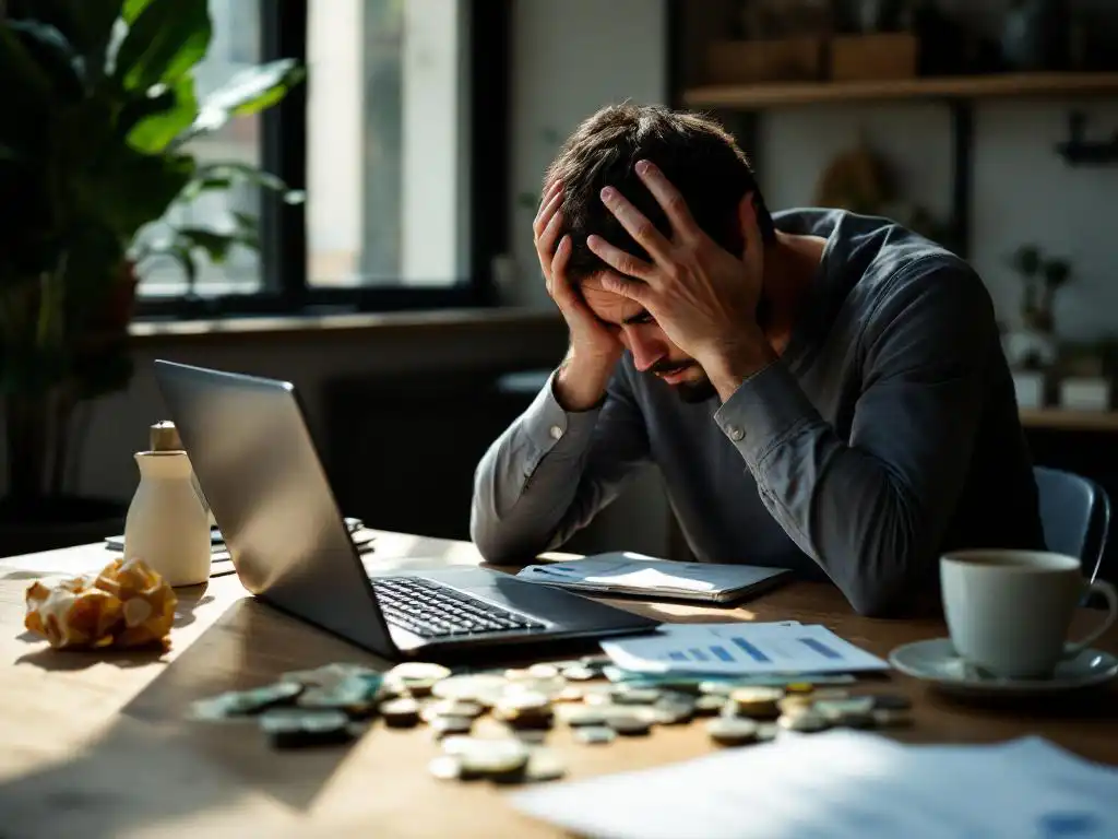 Gestresste professional met hoofd in handen aan bureau met laptop, euro bankbiljetten, calculator en koffiekop