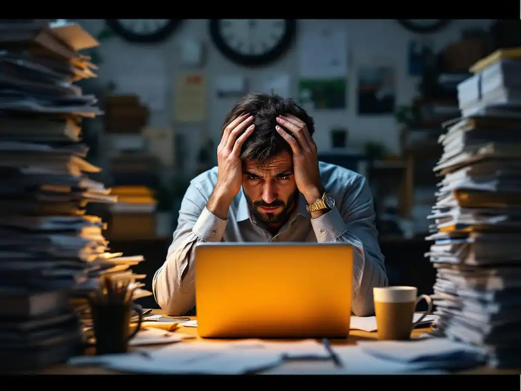 Gestresste kantoormedewerker met handen tegen slapen zit aan rommelig bureau vol paperassen en laptop