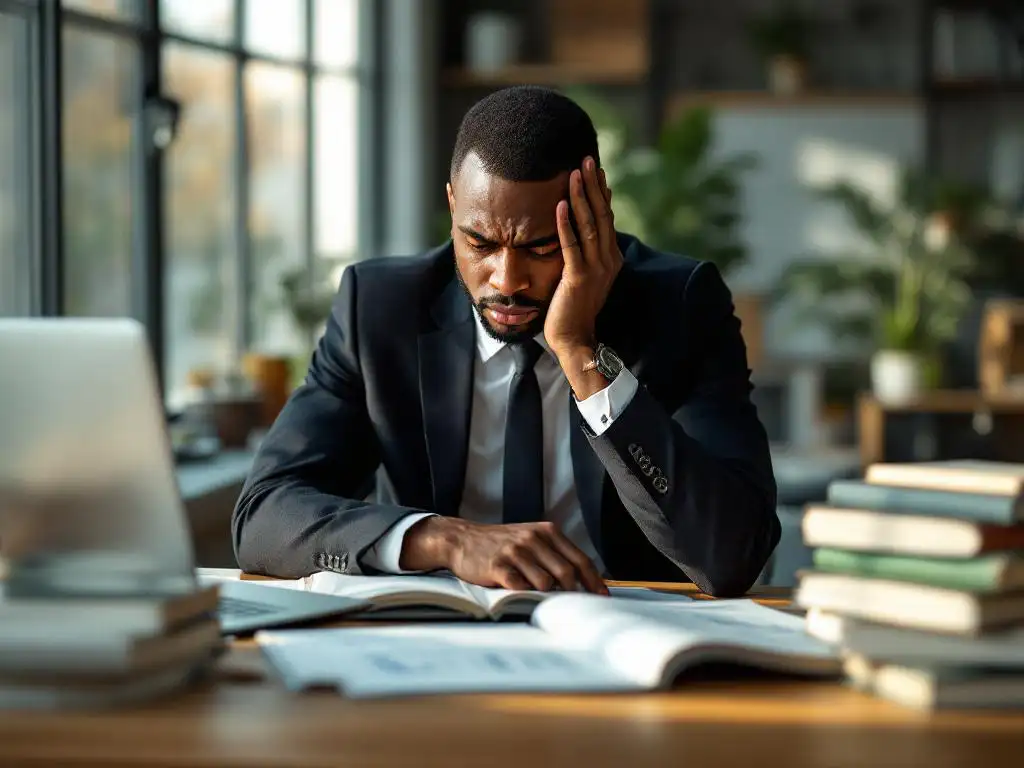 Gestresste professional in pak leest wetenschappelijk tijdschrift aan bureau met psychologieboeken en laptop