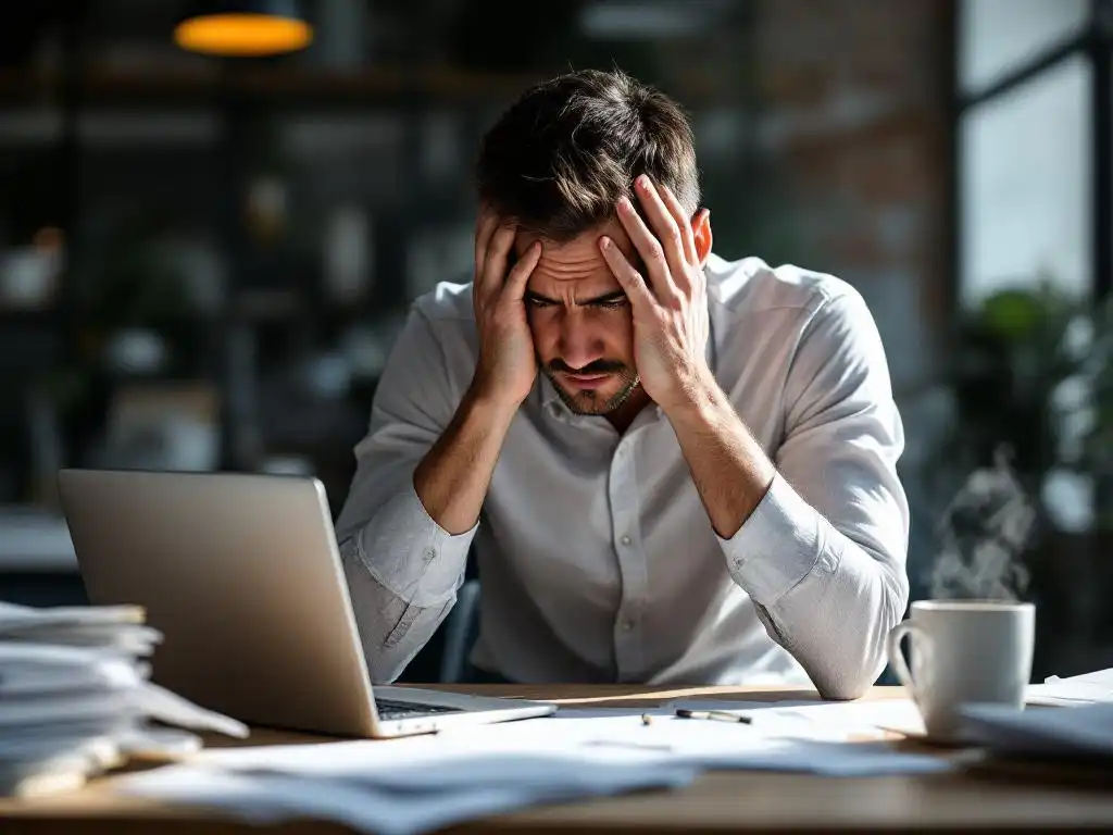 Gestresste professional met handen tegen slapen aan bureau met laptop, papieren en koffie in modern kantoor