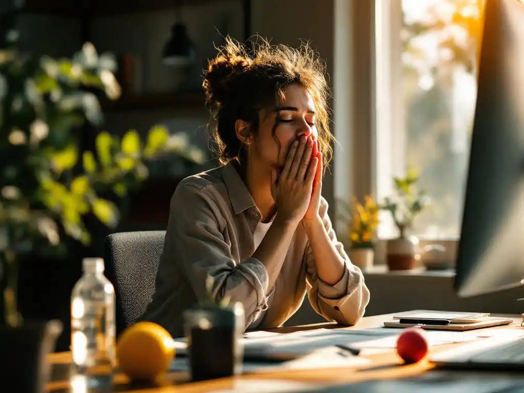 Professionele kantoorwerker neemt pauze met plant op bureau, waterles en stressbal nabij in zonlicht