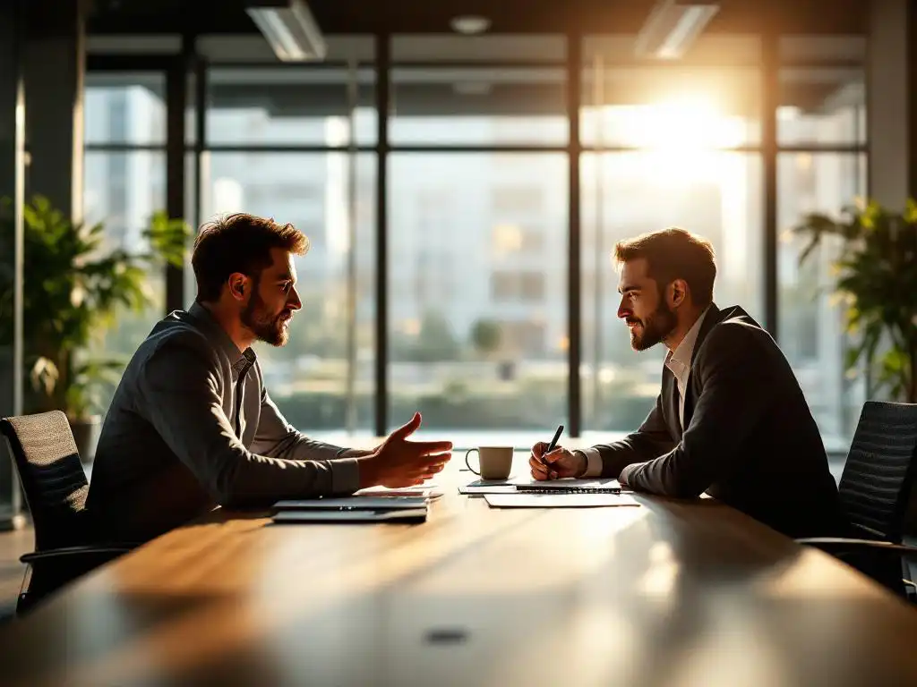 Professionele mentor en trainee in gesprek aan vergadertafel, mentor gebaart ondersteunend terwijl trainee aandachtig luistert