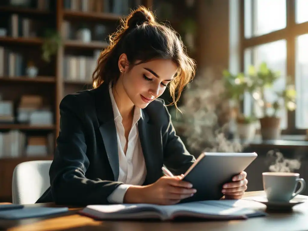 Professionele vrouw in pak leest vakblad en maakt notities op tablet aan bureau met koffie en boeken op achtergrond