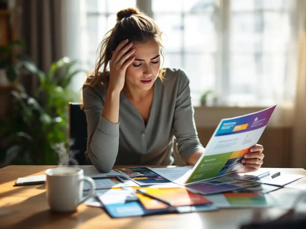 Professionele vrouw bestudeert kleurrijke trainingsbrochures aan houten bureau met koffie, hand aan slaap denkend