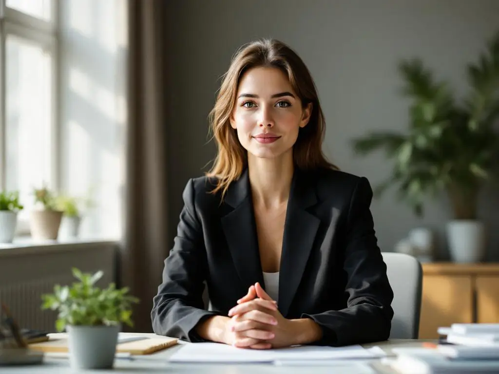 Professionele vrouw in zakelijke kleding zit kalm aan modern kantoorbureau met gevouwen handen en serene uitdrukking
