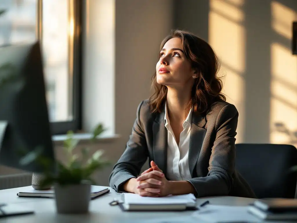 Professionele vrouw in kantoorkleding zit nadenkend aan bureau met plant en notitieboeken, natuurlijk licht door raam