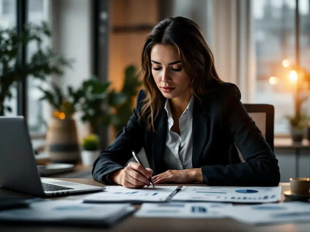 Professionele vrouw analyseert stressonderzoek documenten aan bureau met laptop en grafieken op achtergrond