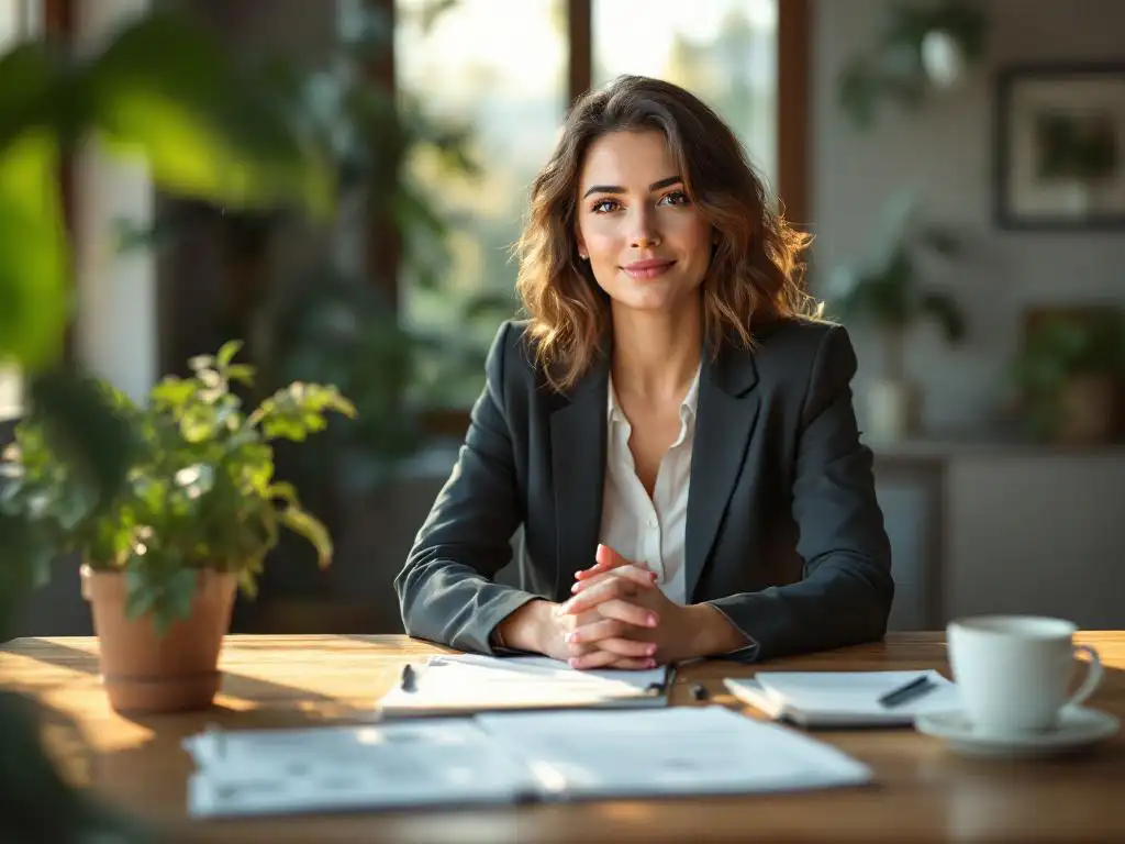 Professionele vrouw in zakelijke kleding zit zelfverzekerd aan bureau met stressmanagement werkboeken en certificaten