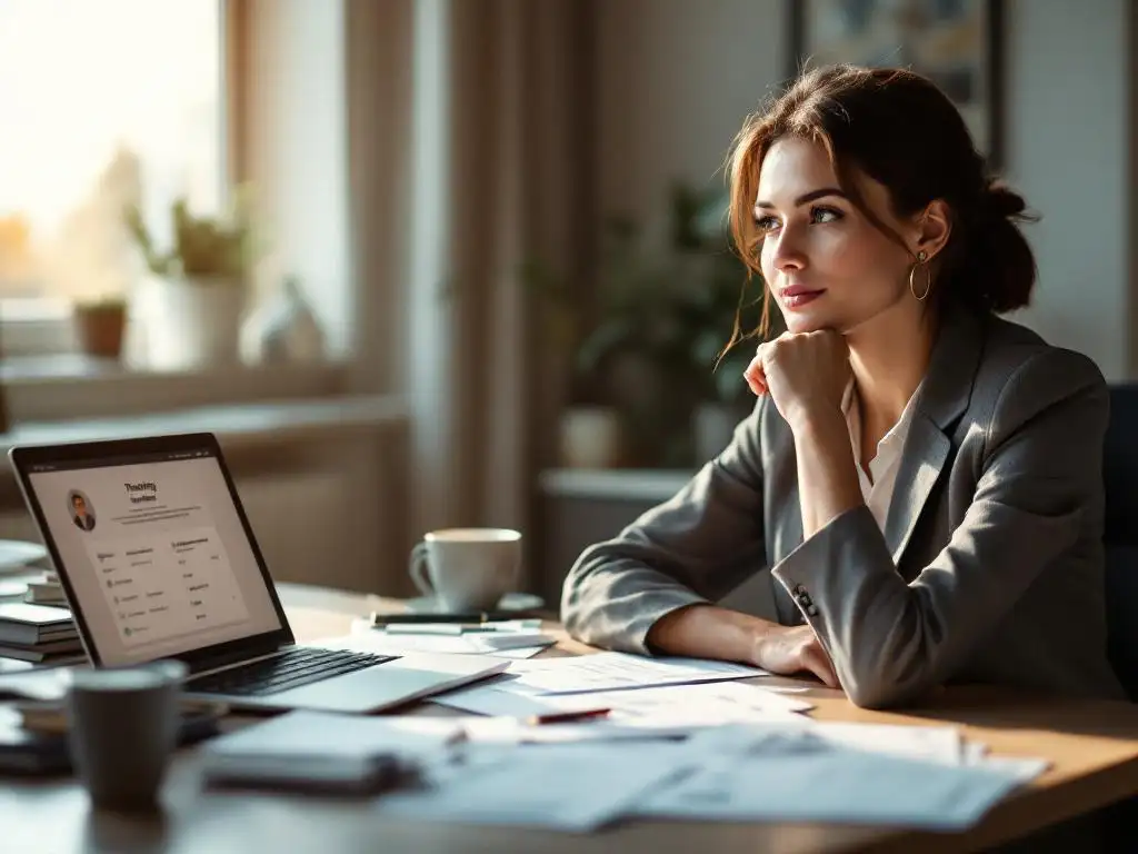 Professionele vrouw in pak bestudeert trainingscertificaten en brochures aan bureau met laptop op achtergrond
