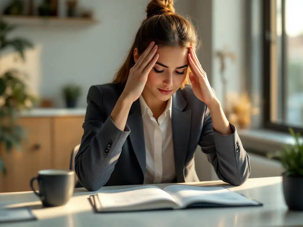 Professionele persoon in pak houdt hoofd vast terwijl ze naar stressmanagement notities kijkt op modern bureau