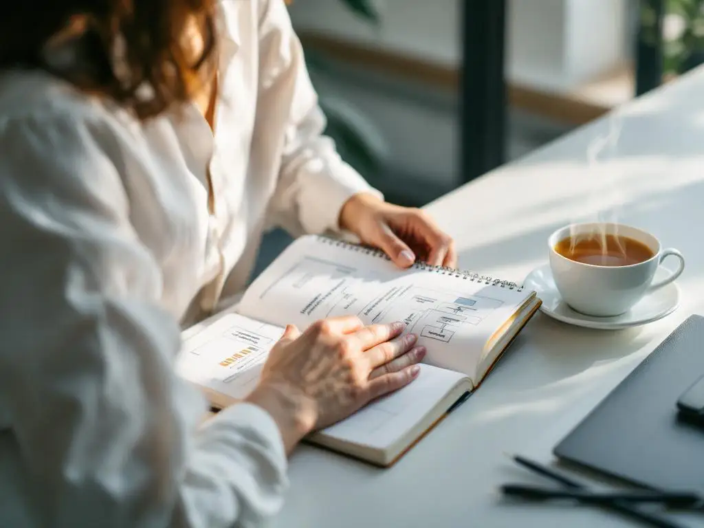 Professionele vrouw aan bureau met open notitieboek vol stressmanagement diagrammen, kopje thee, natuurlijk licht
