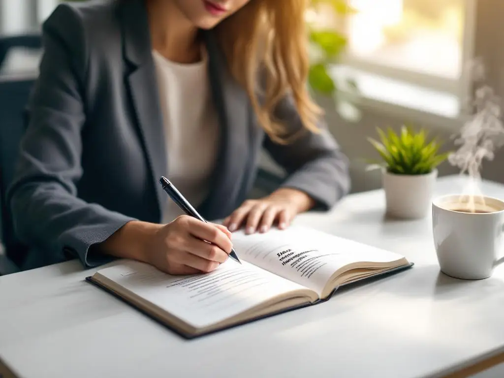 Professionele vrouw schrijft stressmanagement technieken in notitieboek aan modern bureau met koffie en plant