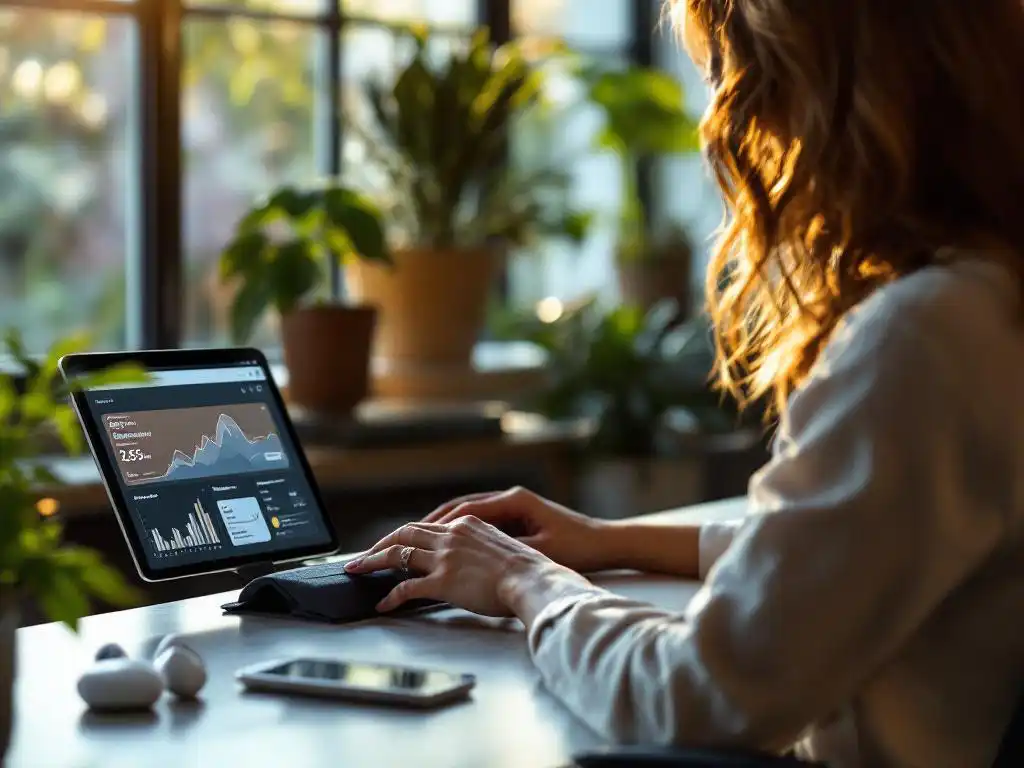 Professionele vrouw gebruikt tablet met stress management analytics aan modern bureau met meditatie-app en planten