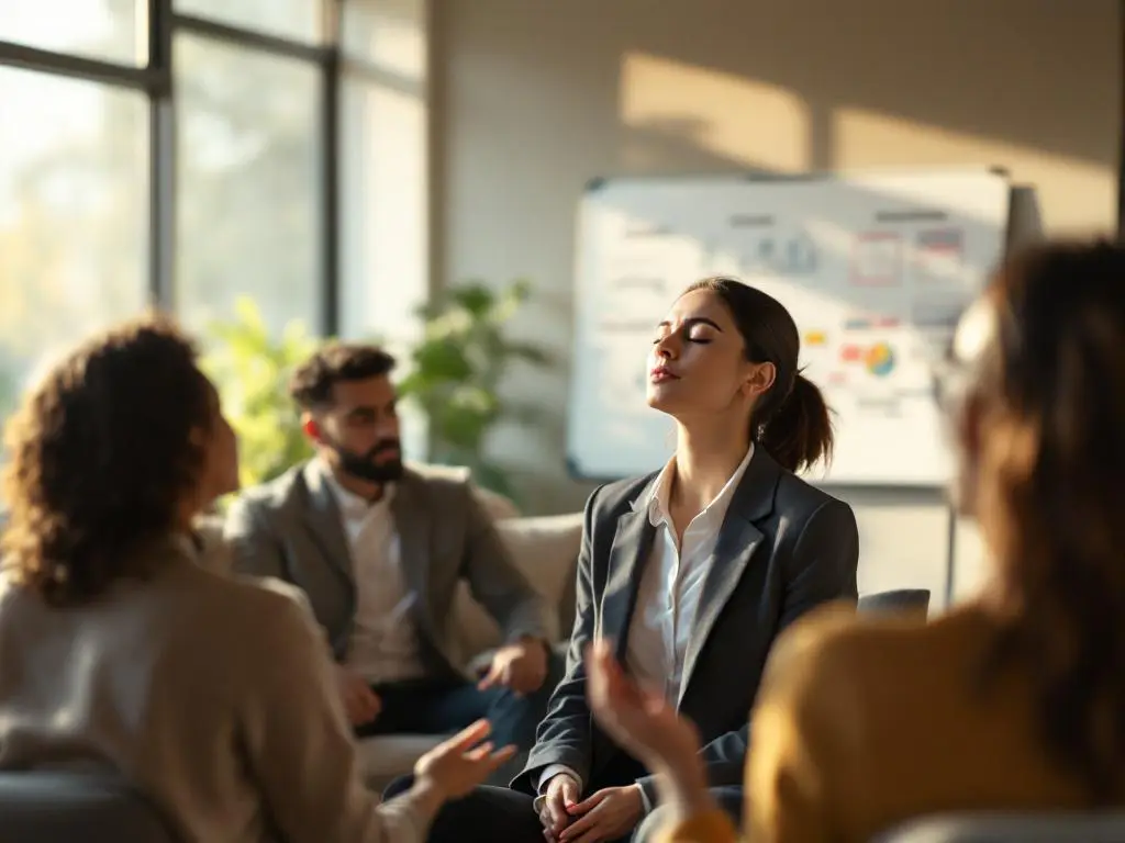 Professional in pak oefent ademhalingstechnieken tijdens stressmanagement training in moderne vergaderruimte