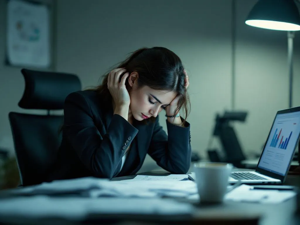 Uitgeputte zakenvrouw met hoofd in handen aan bureau met laptop en papieren, werkdruk zichtbaar in houding