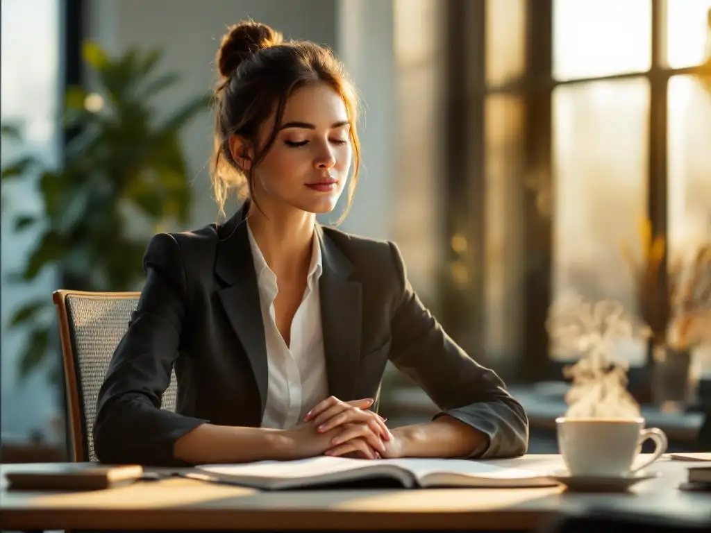 Professionele vrouw leest werkboek over stressmanagement aan kantoorbureau met kruidenthee in rustige werkruimte