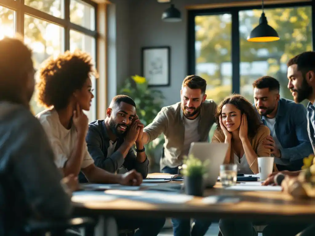 Diverse kantoorteam toont steun aan gestresste collega tijdens vergadering in moderne boardroom met natuurlijk licht