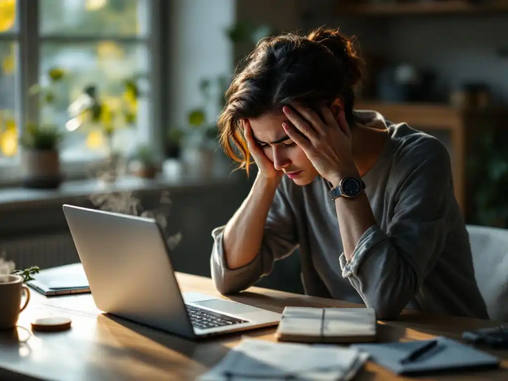Gestresste professional met handen tegen slapen achter laptop met online leerinterface, koffie en plant op bureau
