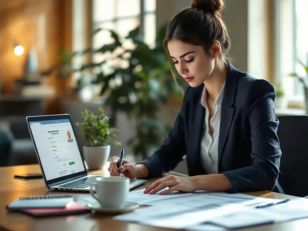 Professionele vrouw in kantoorkleding bekijkt officiële documenten en certificaten aan moderne bureau met laptop