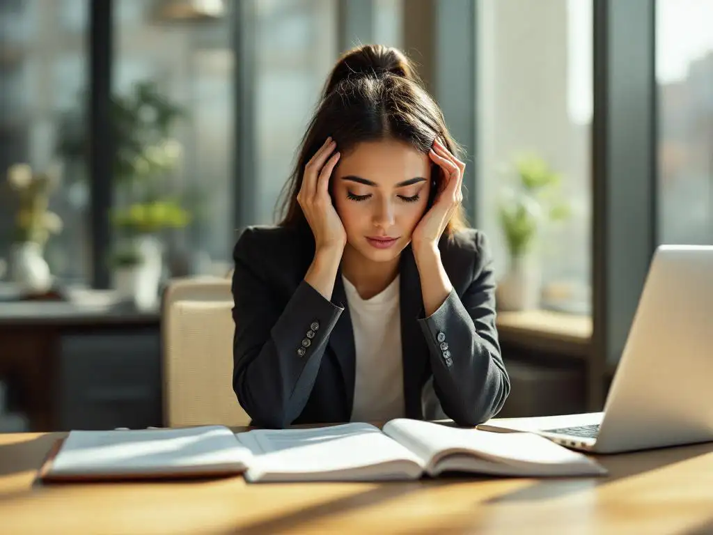 Professionele vrouw in kantoorkleding houdt hoofd vast aan bureau met psychologieboek en laptop